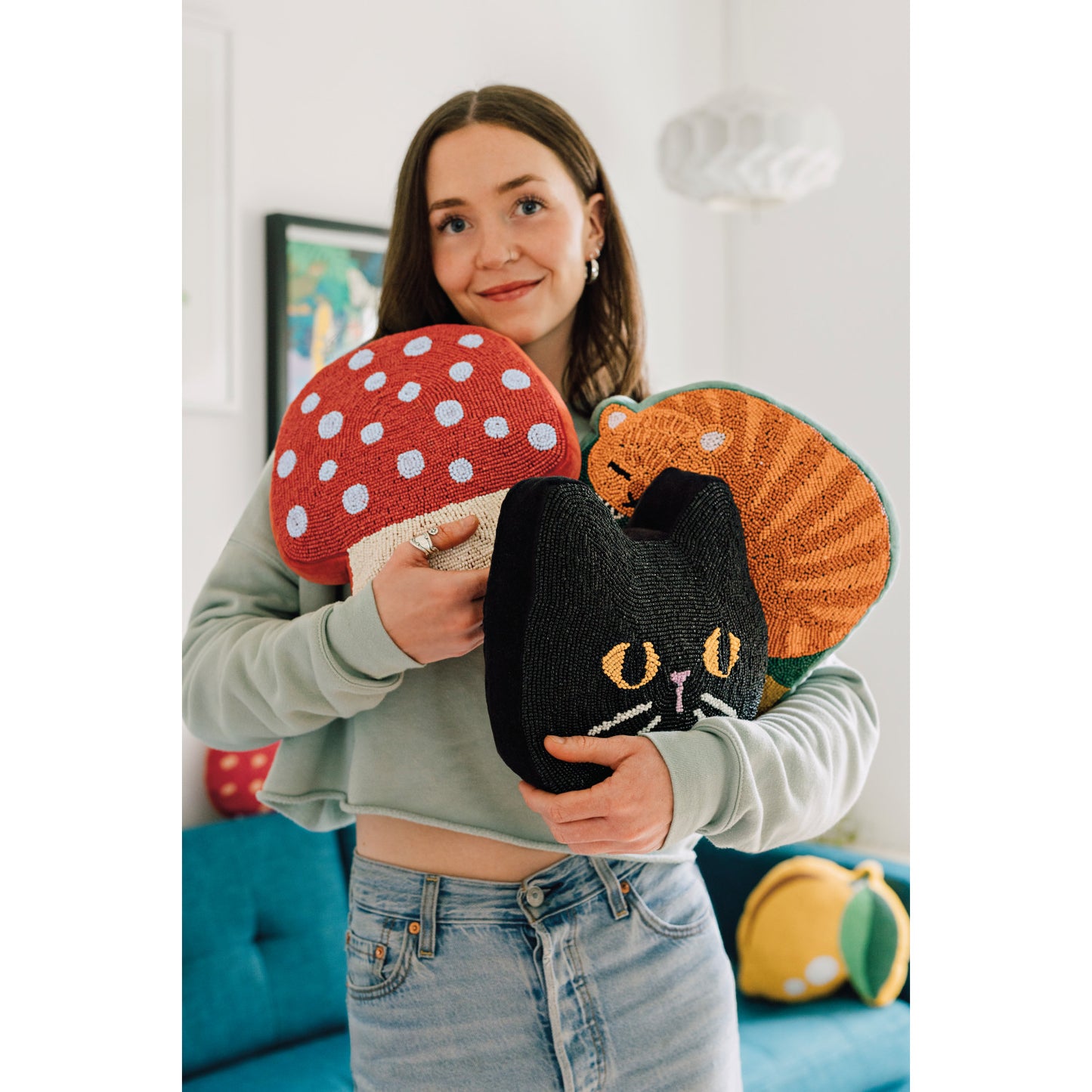 Beaded Throw Pillow - Black Cat